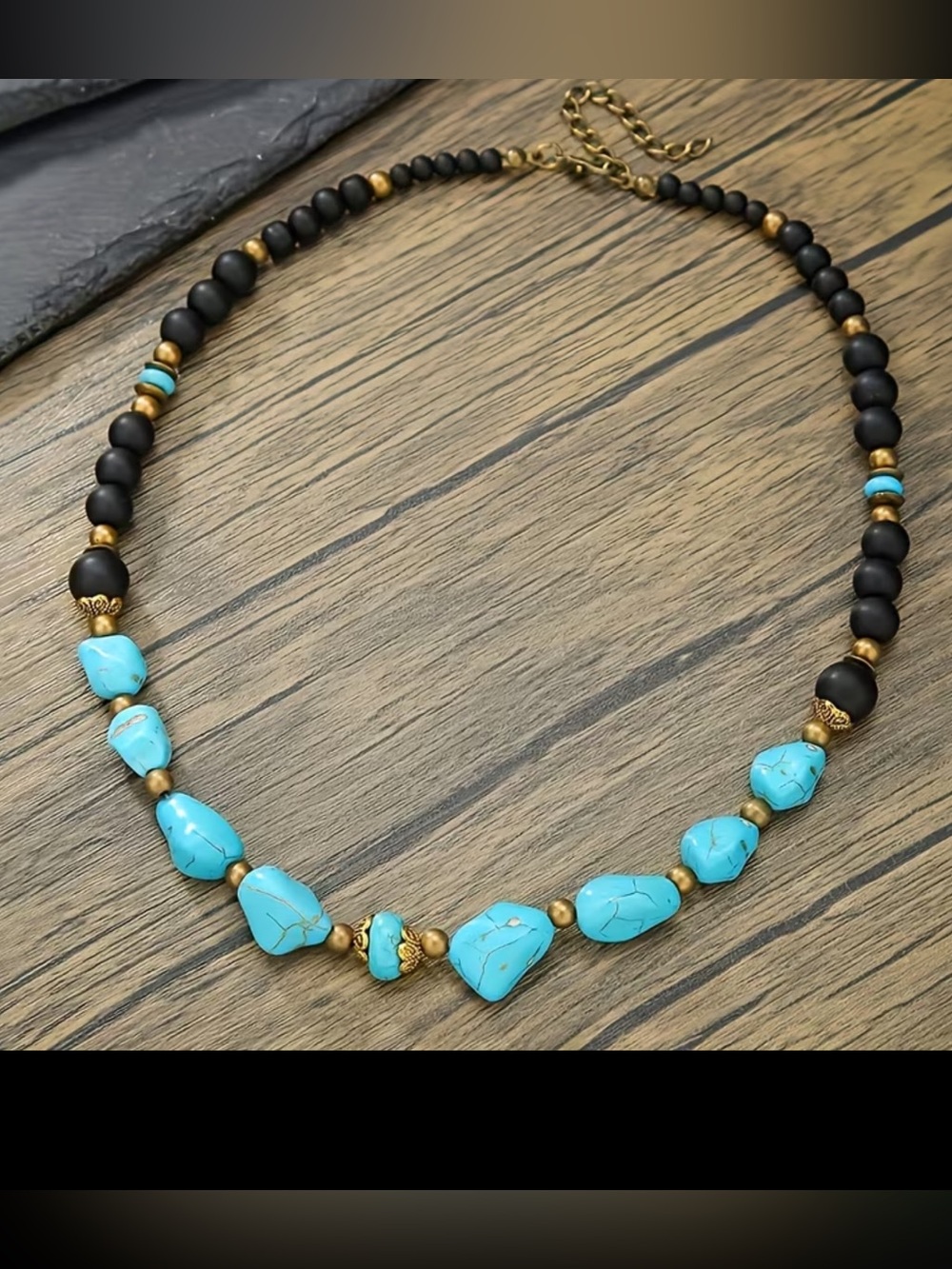 Turquoise Stone and Matte Black Bead Necklace - NEW!